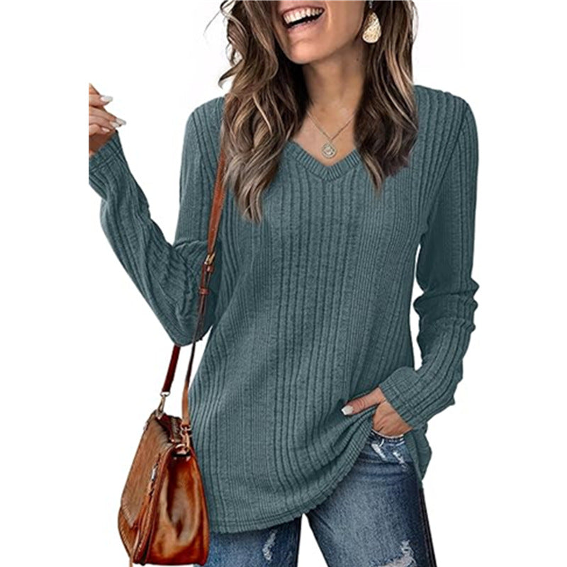 Damen modischer V-Ausschnitt Pullover mit Rippstruktur EB