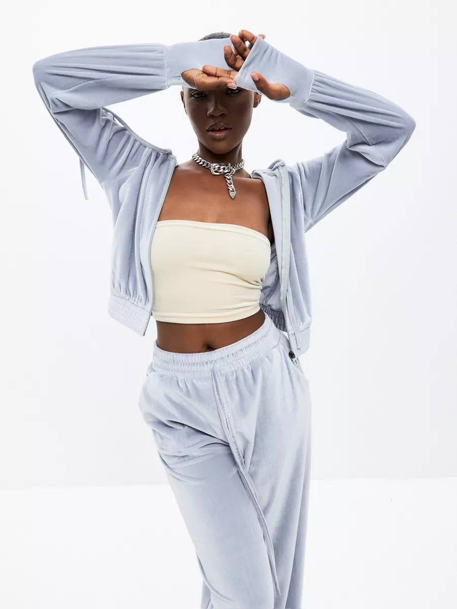 Damen Velours-Cropped-Hoodie und High-Waist Palazzo-Jogginghose Set EB