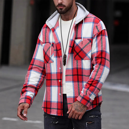 Herren Flanelljacke im lässigen Karomuster mit Kapuze und zwei Taschen EB