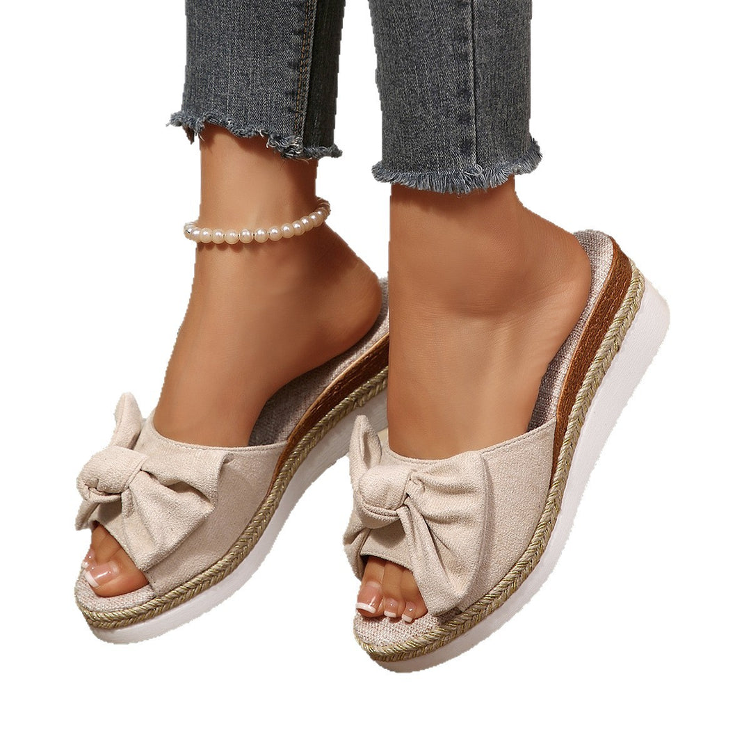 Damen Komfortable Wedge-Pantoletten mit modernen Schleifen und Jute-Detail EB
