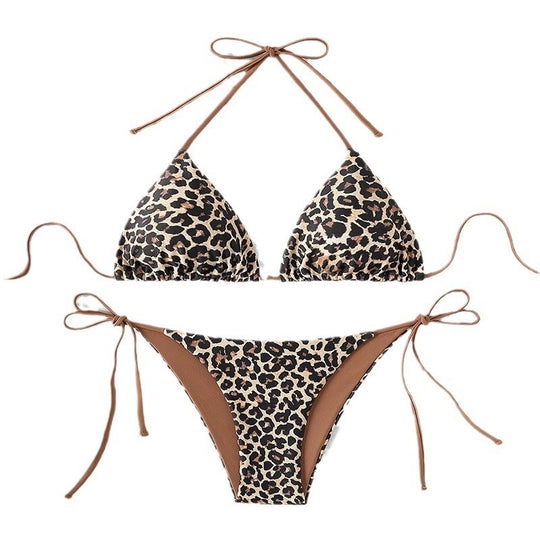 Damen Triangel-Bikini mit animalischem Muster und verstellbaren Bindebändern EB