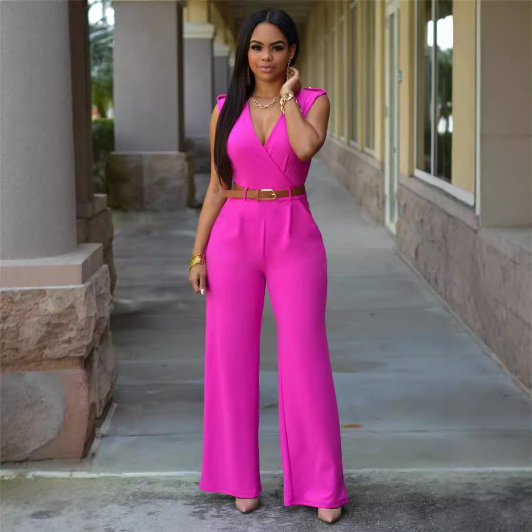 Damen Eleganter Wickel-Jumpsuit mit weitem Bein und Taillengürtel EB