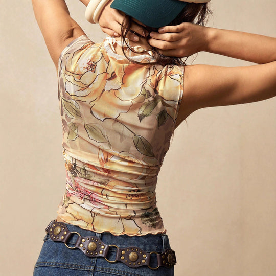 Damen nan figurnahes Mesh-Top mit floralem Aquarellprint, Stehkragen und seitlicher Raffung EB