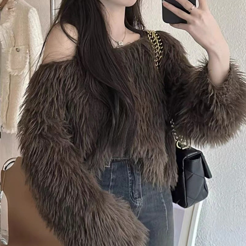 Damen Flauschiger Off-Shoulder-Pullover mit langen Ärmeln EB