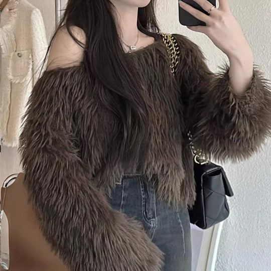 Damen Flauschiger Off-Shoulder-Pullover mit langen Ärmeln EB