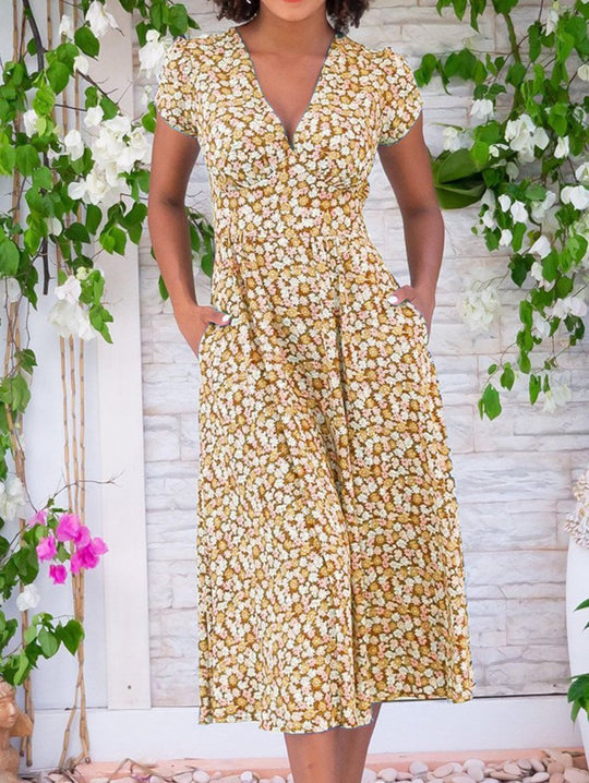 Damen Maxi-Kleid mit floralen Mustern und Taschen EB