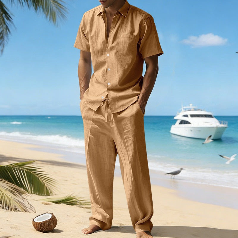 Herren nan resort-taugliches Kurzarm-Hemd mit Brusttasche und lässiger Leinen-Kordelhose EB