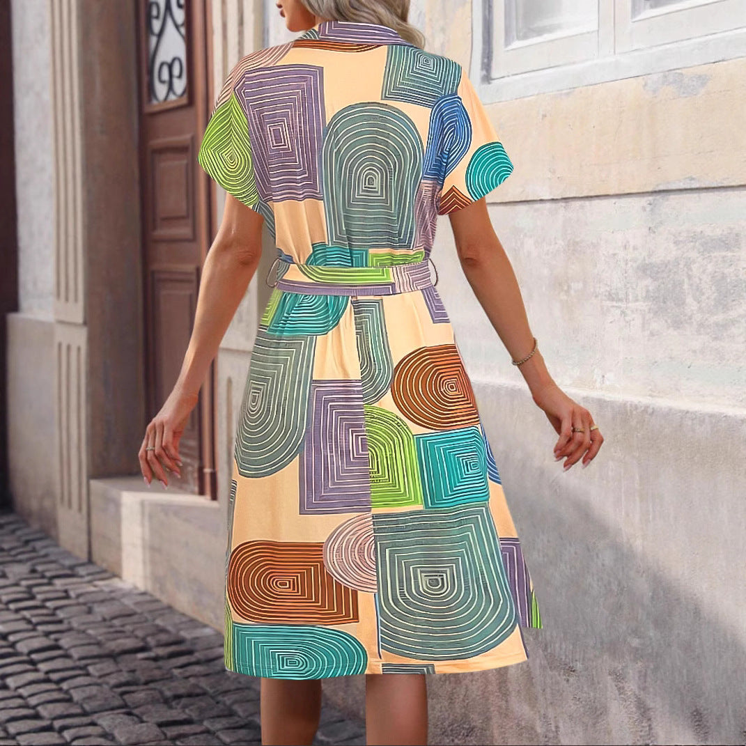 Damen ärmelloses Kleid mit geometrischem Muster und Bindegürtel EB
