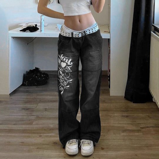 Damen weite Denim-Hose mit kunstvollem Druck EB
