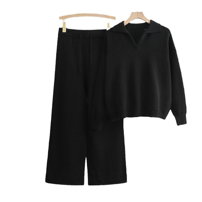 Damen gemütliches Strick-Loungewear-Set mit weit geschnittenem Pullover und Hose EB