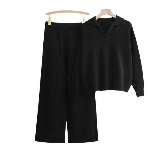Damen gemütliches Strick-Loungewear-Set mit weit geschnittenem Pullover und Hose EB