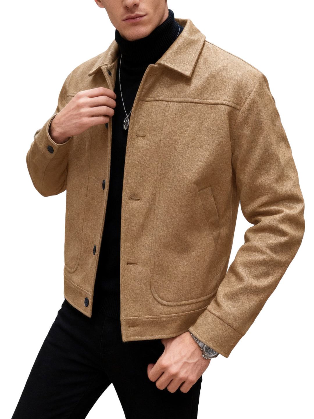 Herren nan moderner Trucker-Overshirt aus Velourslederimitat mit Ziernähten und aufgesetzten Taschen EB