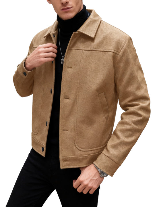 Herren nan moderner Trucker-Overshirt aus Velourslederimitat mit Ziernähten und aufgesetzten Taschen EB