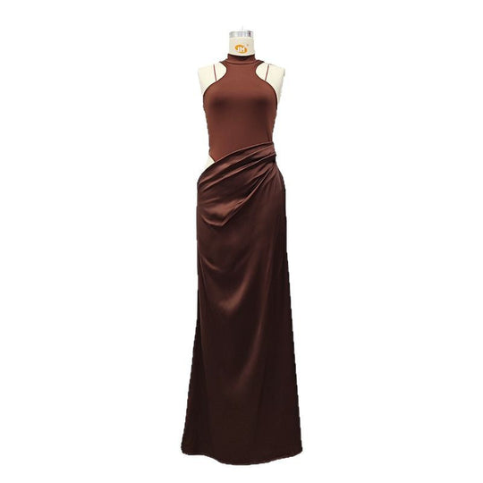 Damen Elegantes Cut-Out Maxikleid mit hohem Kragen und körpernaher Silhouette EB