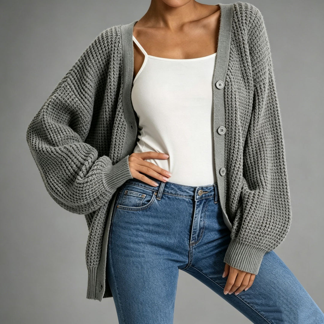 Damen Oversize Grobstrick-Cardigan mit Ballonärmeln und Knopfleiste EB