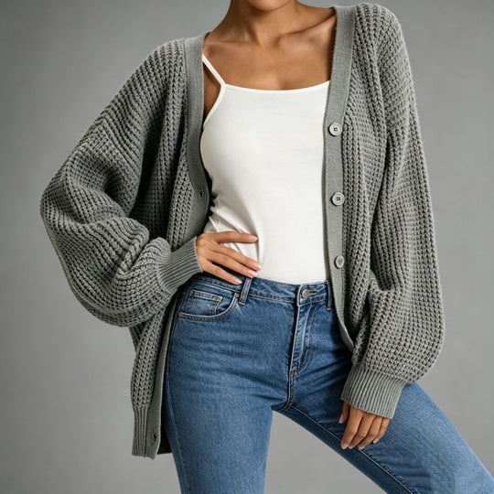 Damen Oversize Grobstrick-Cardigan mit Ballonärmeln und Knopfleiste EB