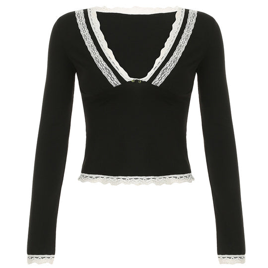 Damen nan tailliertes Langarm-Crop-Top mit tiefem V-Ausschnitt, zarter Spitzenkante und unterstützender Unterbrustnaht EB
