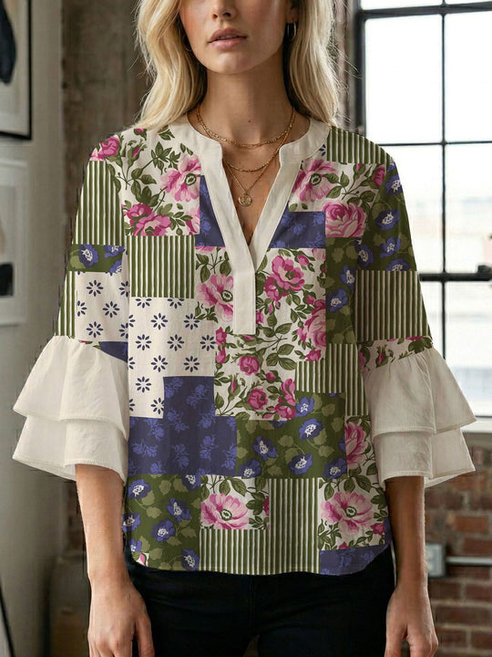 Damen Blusenshirt mit voluminösen Ärmeln und kreativem Druckdesign EB