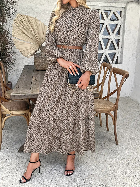 Damen Maxikleid mit raffiniertem Muster und Taillengürtel EB