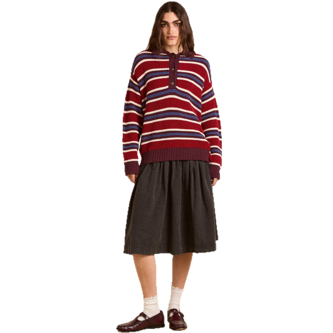 Damen Oversize Strickpullover mit Polokragen & mehrlagigem Streifenrelief EB