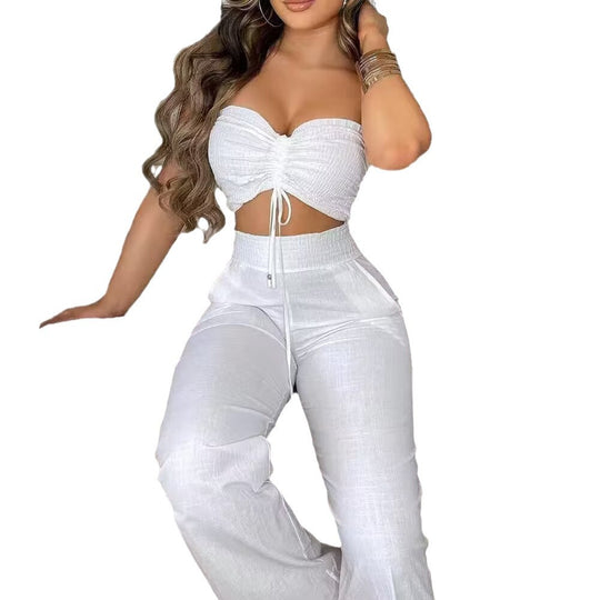 Damen Zweiteiliges Outfit aus leichtem Material mit verstellbarem Crop-Top und High-Waist-Hose EB