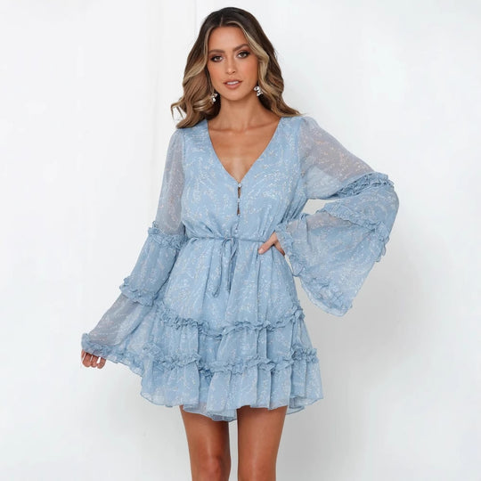 Damen Rüschenkleid mit langem, transparentem Ärmel und Bindegürtel EB