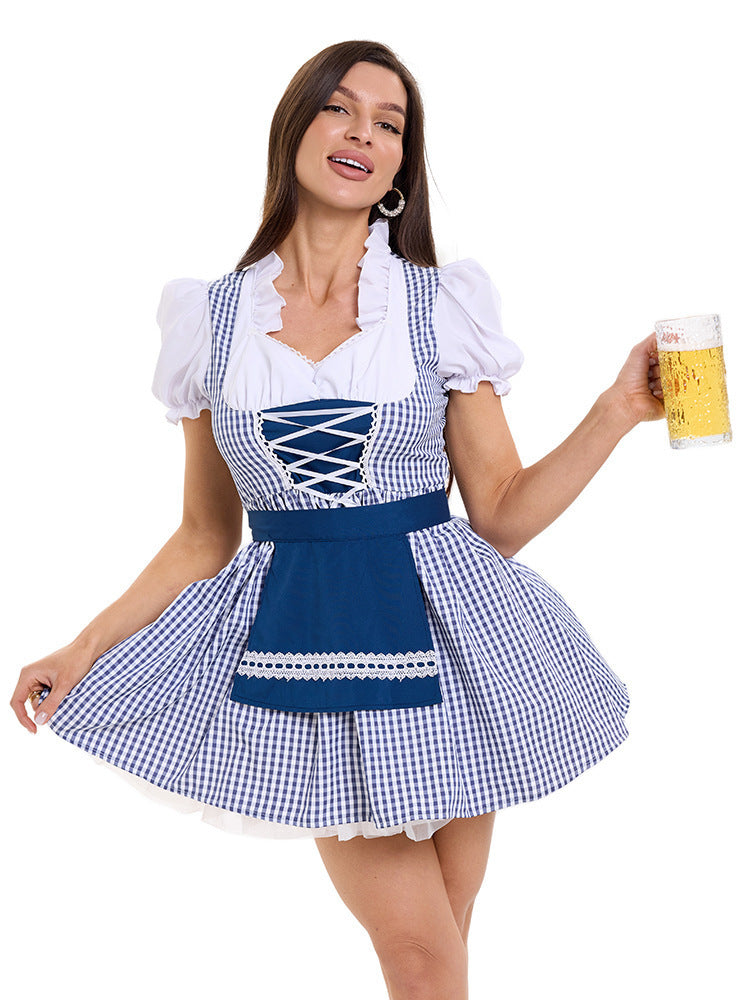 Damen Trachtenkleid im modernen Latzdesign mit nostalgischen Karomustern und verspieltem Schürzenakzent EB