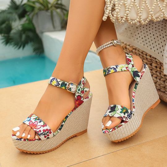 Damen Wedge-Sandalen mit floralem Design und verstellbarem Riemen EB