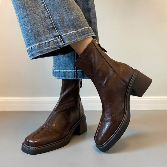 Damen Stiefeletten mit dickem Absatz und Reißverschlussverschluss EB