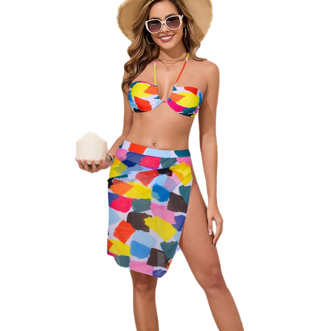 Damen Bunt bedrucktes Bikini-Set mit luftigem Überrock EB