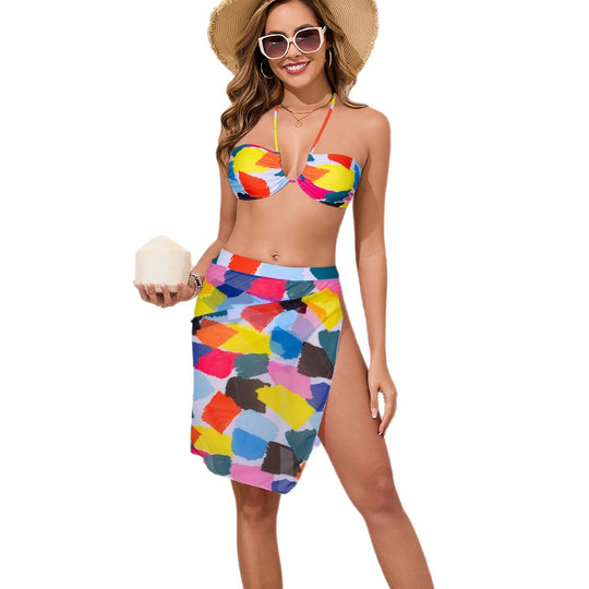 Damen Bunt bedrucktes Bikini-Set mit luftigem Überrock EB