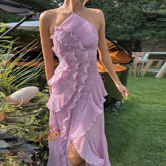 Damen Elegantes plissiertes Maxikleid mit asymmetrischem Design EB