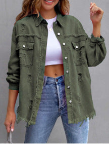 Damen Stylische Overshirt-Jacke mit fransigem Saum EB