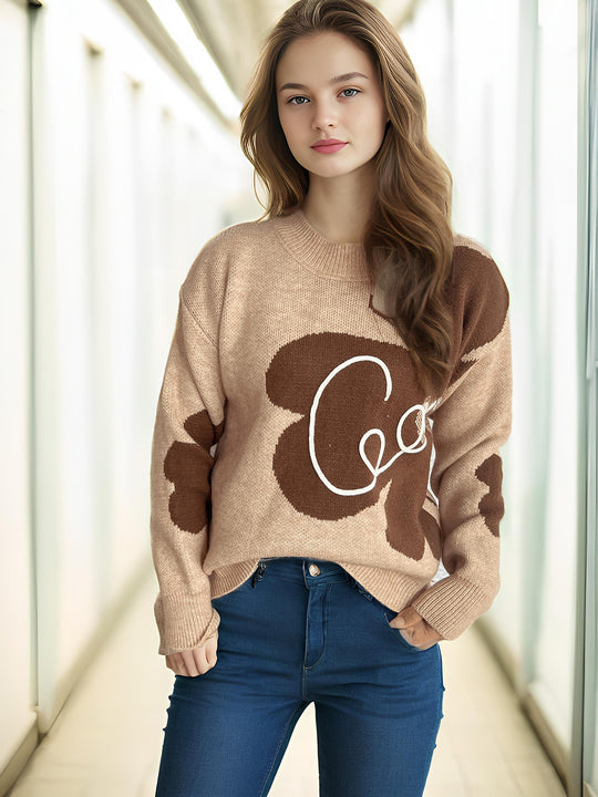 Damen gemütlicher Pullover mit kreativem Schriftzug und modernem Design EB