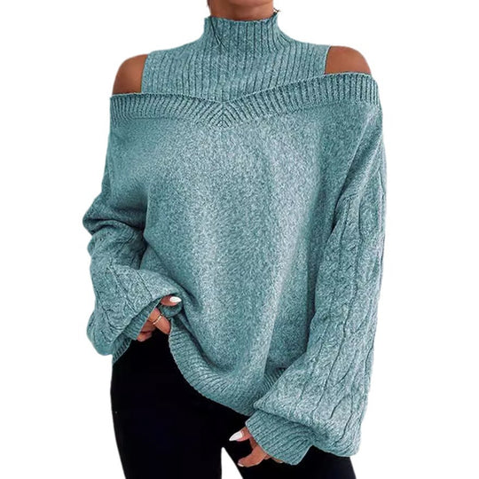 Damen nan schulterfreier Strickpullover mit Stehkragen und Zopfmusterärmeln EB