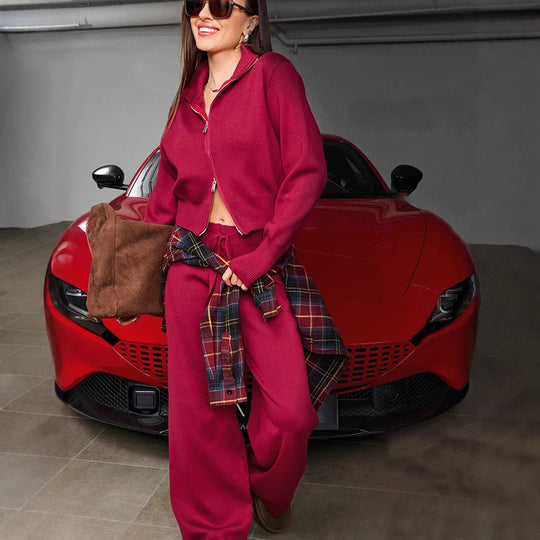 Damen nan gestricktes Loungewear-Zweiteiler mit kurzem Reißverschluss-Cardigan und weitem Highwaist-Hosenbein EB