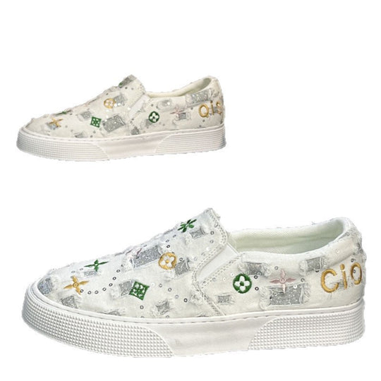 Damen Slip-On Sneakers mit buntem besticktem Design EB