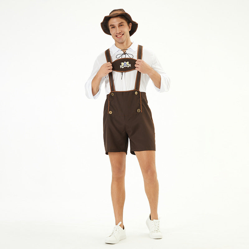 Herren nan traditionelle Kurzlederhose mit verstellbaren Trägern und dekorativem Brustlatz EB