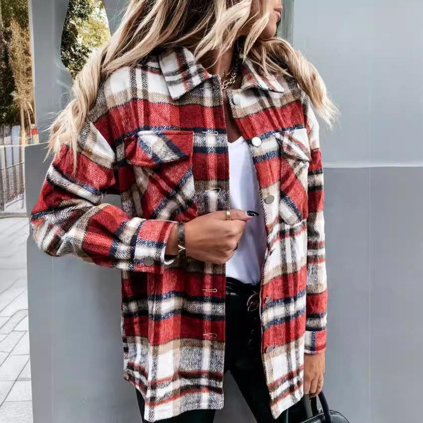 Damen Karo-Hemdenjacke im Oversized-Stil mit Druckknopfverschluss EB