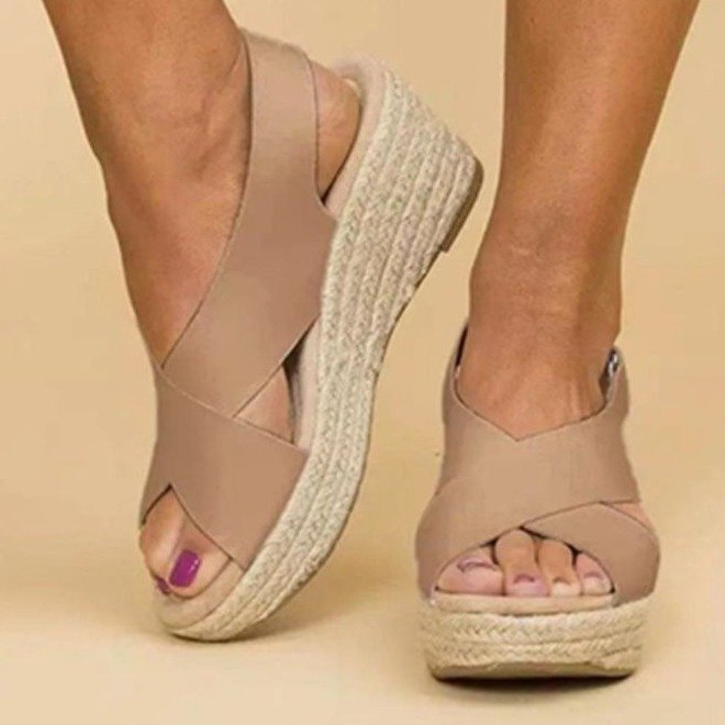 Damen Wedge-Sandalen mit Cross-Over-Riemen und juteumrandeter Sohle EB