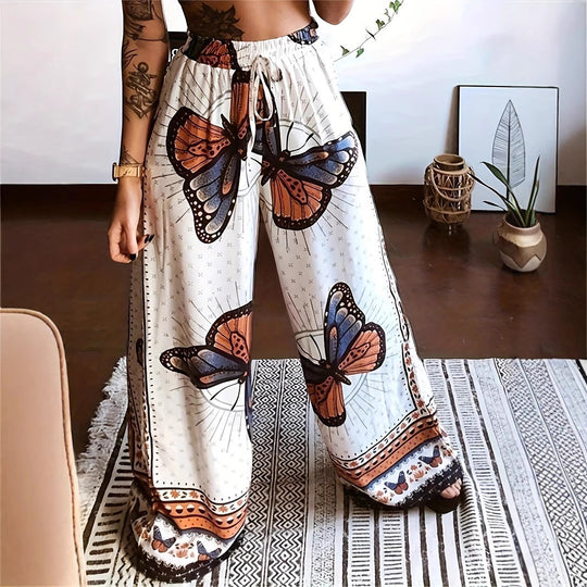 Damen Weite Palazzo-Hose mit buntem Schmetterlingsdruck und elastischem Bund EB
