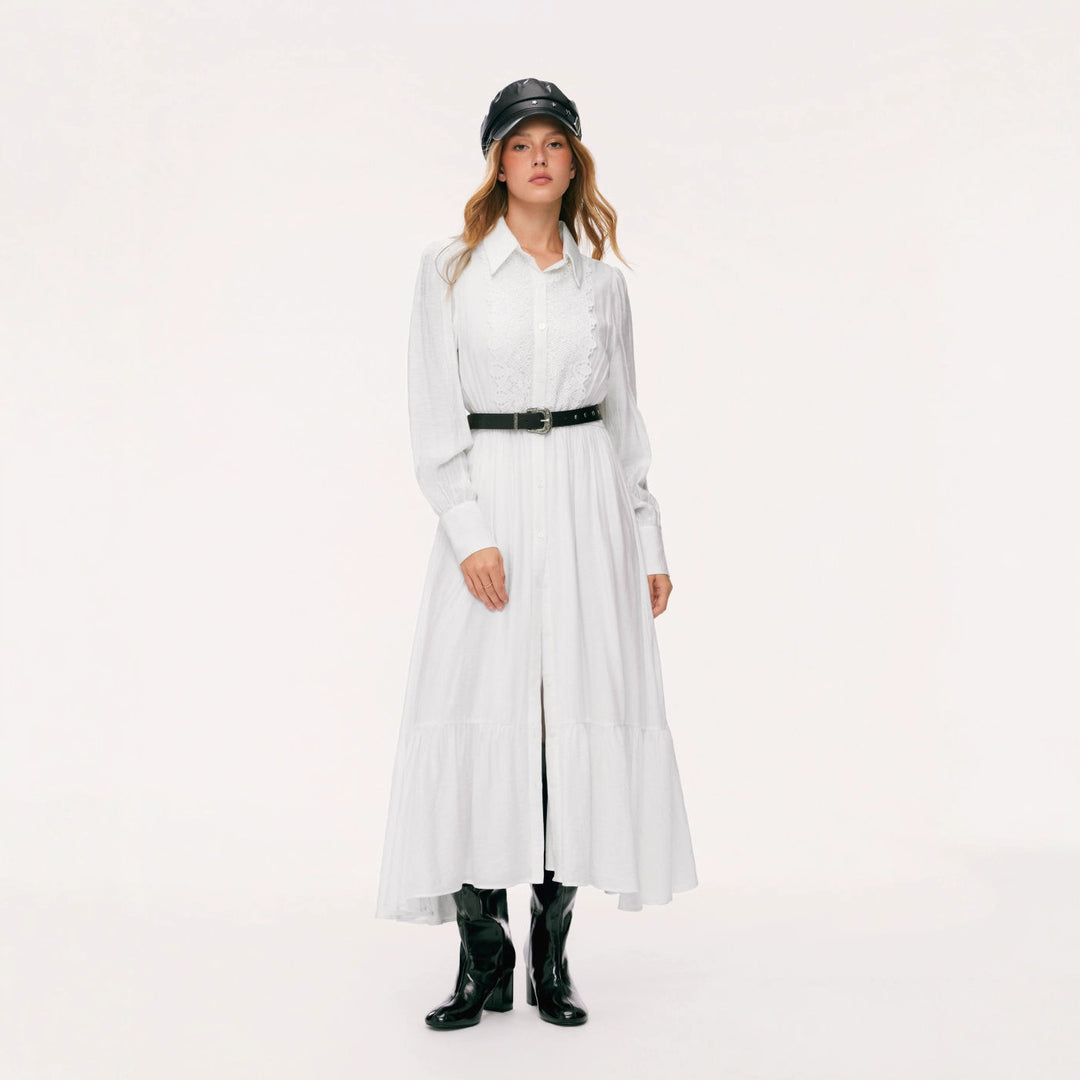 Damen Langes Hemdblusenkleid mit Spitzenbesatz, Taillierung und Stufenrock EB