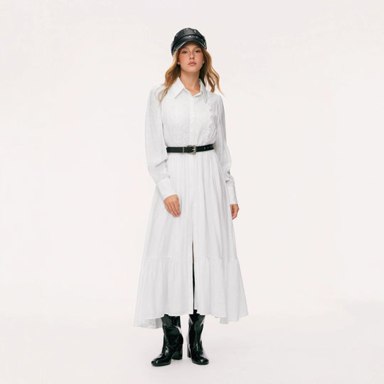 Damen Langes Hemdblusenkleid mit Spitzenbesatz, Taillierung und Stufenrock EB