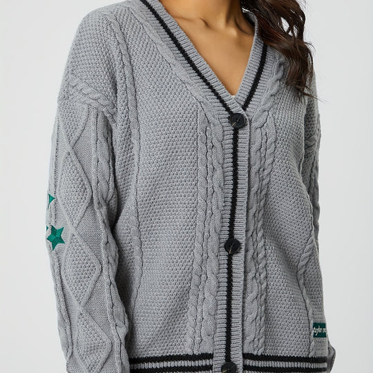 Damen nan oversized Zopfstrick Cardigan mit V-Ausschnitt und kontrastierenden Strickkanten EB