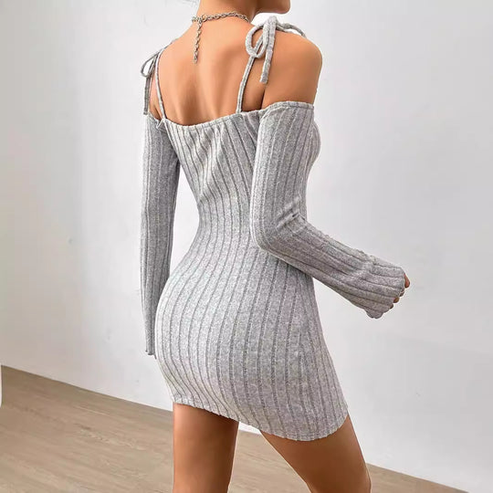 Damen geripptes One-Shoulder-Strickminikleid mit Bindeträgern taillierter Bodycon-Passform Eichborn Berlin
