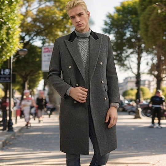Herren moderner Urban-Mantel mit doppelter Knopfleiste und Samtkragen EB