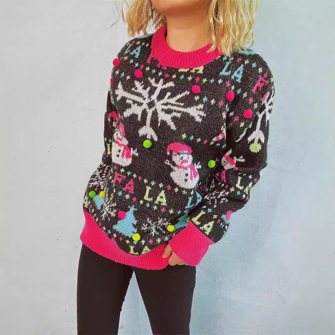 Damen weihnachtlicher Pullover mit bunten Applikationen und festlichem Design EB