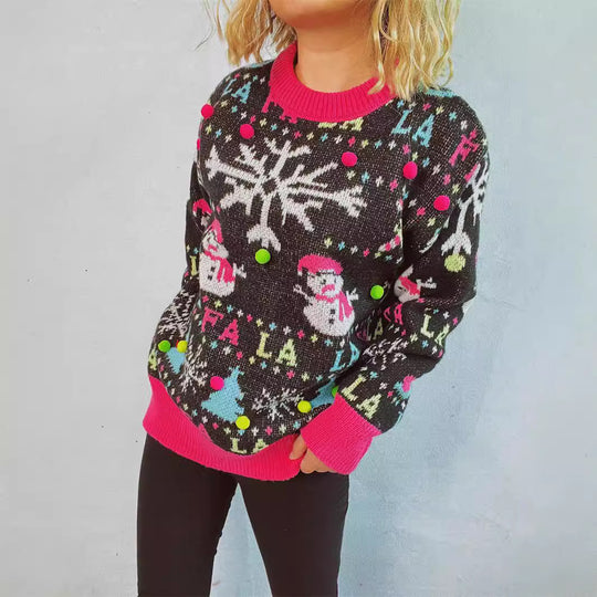 Damen weihnachtlicher Pullover mit bunten Applikationen und festlichem Design EB