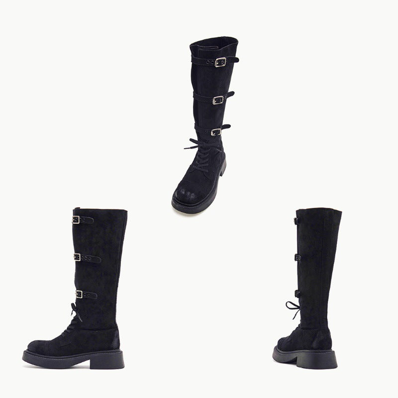 Damen Modische Overknee-Stiefel mit robustem Plateau und dekorativen Schnallen EB
