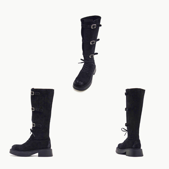 Damen Modische Overknee-Stiefel mit robustem Plateau und dekorativen Schnallen EB